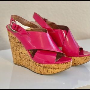 BCBGeneration Hot Pink Patent Leather Like Wedge Sandals